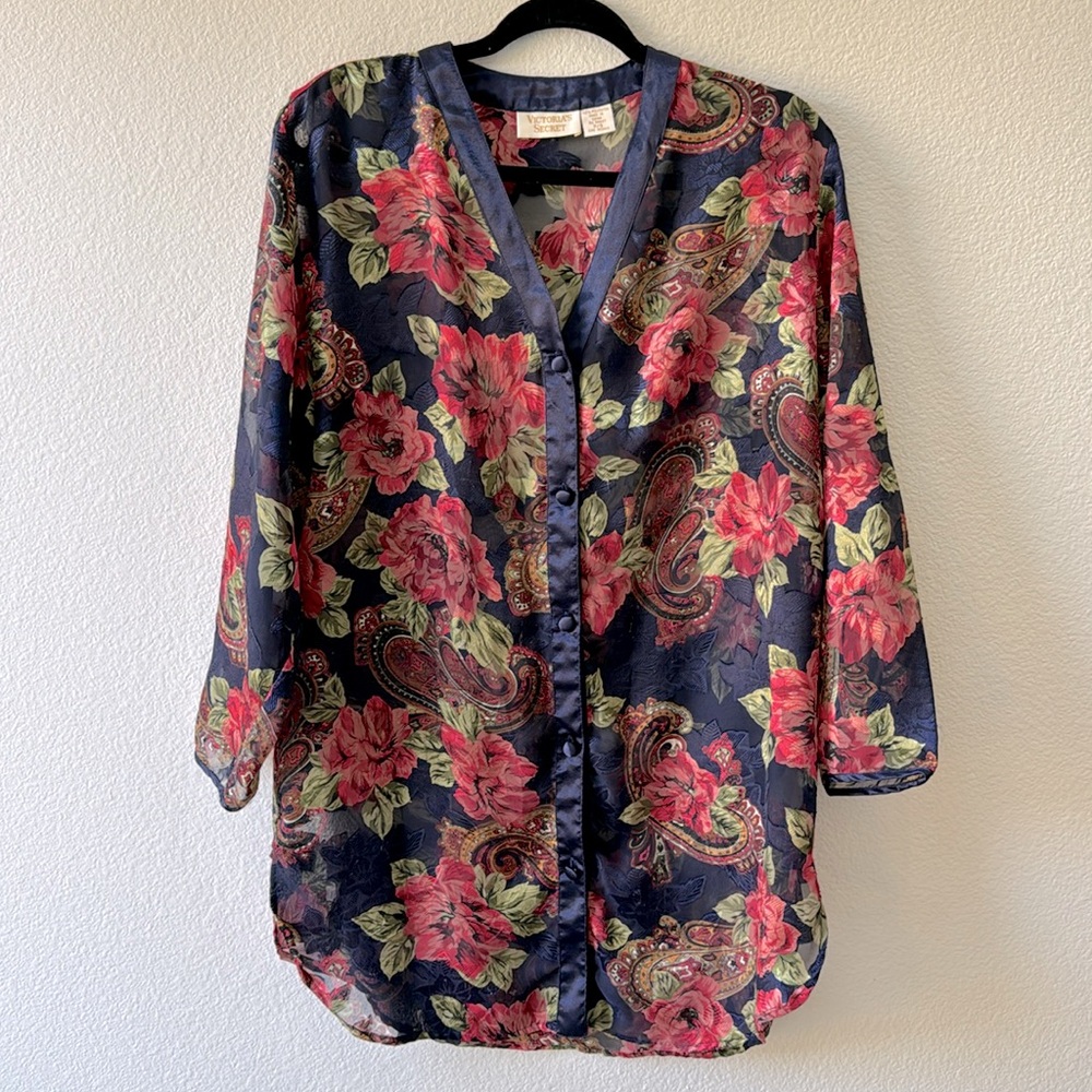 Victoria's Secret Vintage Gold Label Button Down Floral Nightshirt Small